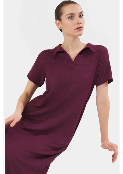 Rahat Kalıp Örme Midi Elbise Yazlık Polyester Kumaş Polo Yaka Kısa Kol Premium Kalite fiyatları