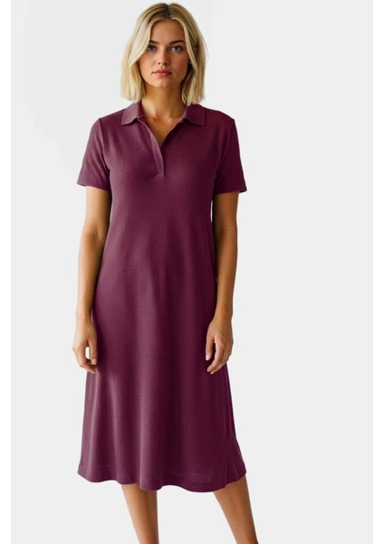 Rahat Kalıp Örme Midi Elbise Yazlık Polyester Kumaş Polo Yaka Kısa Kol Premium Kalite modelleri