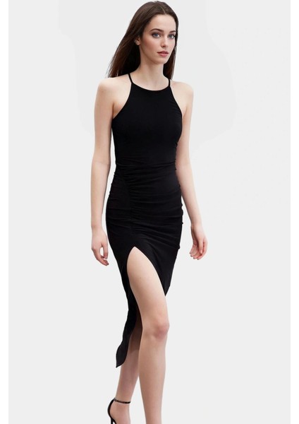 Esnek Maxi Elbise Halter Yaka Örme Kumaş Bodycon Midi Boy Rahat ve Şık Mükemmel Uyum
