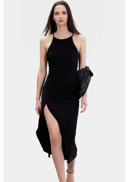 Esnek Maxi Elbise Halter Yaka Örme Kumaş Bodycon Midi Boy Rahat ve Şık Mükemmel Uyum modelleri
