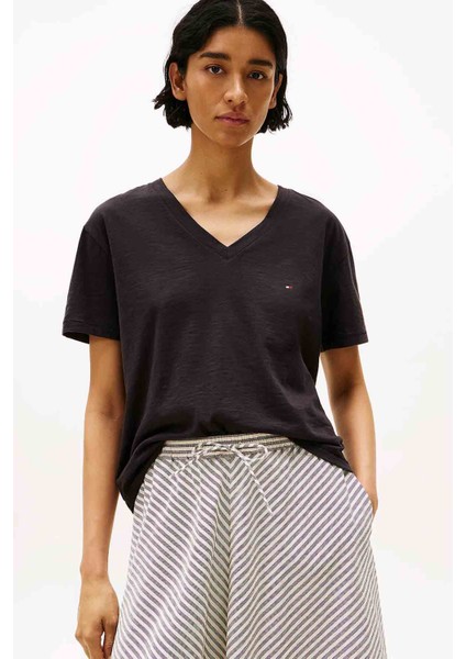 Kadın Slub Crop V-Yaka Kısa Kol T-Shirt - Siyah