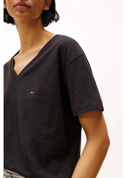 Kadın Slub Crop V-Yaka Kısa Kol T-Shirt - Siyah fırsatları