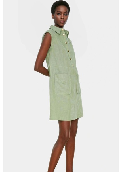 Pamuklu Dokuma Mini Elbise Gömlek Yaka Shift Kalıp Yazlık Profesyonel Görünüm Trend Tasarım