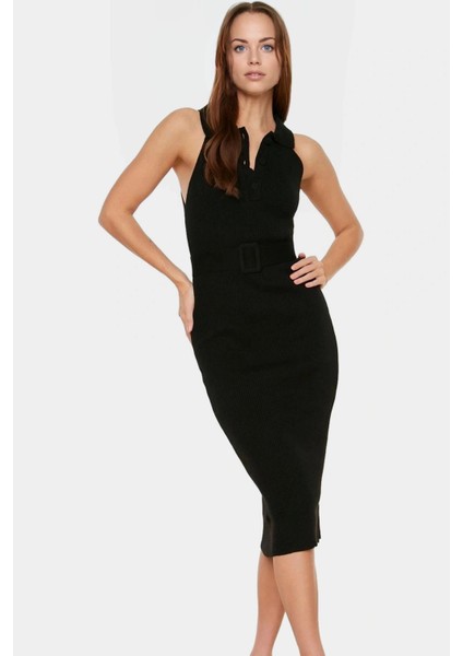 Yazlık Akrilik Midi Elbise Bodycon Kesim Polo Yaka Kemerli Konforlu Kaliteli Işçilik