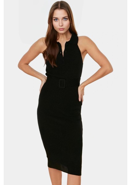 Yazlık Akrilik Midi Elbise Bodycon Kesim Polo Yaka Kemerli Konforlu Kaliteli Işçilik fiyatları