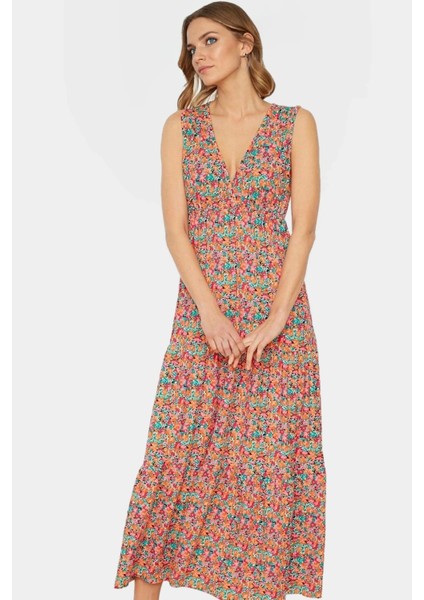 Yazlık Kadın Elbisesi A Line V Yaka Çiçek Desenli Polyester Kaşkorse Uzun Ömürlü