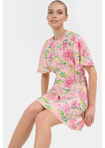 A Kesim Kısa Kollu Mini Elbise Tropikal Desenli Viskoz Kumaş Mükemmel Uyum Uzun Ömürlü