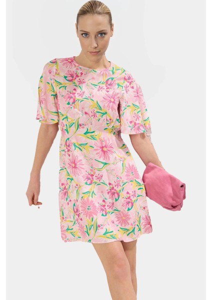 A Kesim Kısa Kollu Mini Elbise Tropikal Desenli Viskoz Kumaş Mükemmel Uyum Uzun Ömürlü modelleri