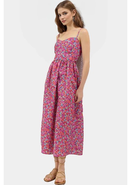 Pamuklu Dokuma Midi Elbise A Kesim Kalp Yaka Çiçekli Desen Yazlık Yüksek Kalite Günlük Kullanım Için