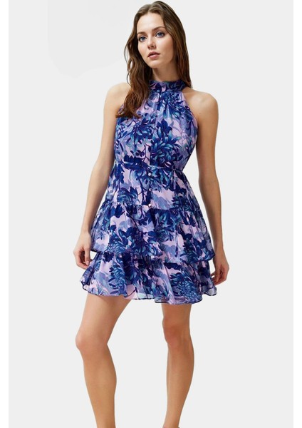 Rahat Mini Elbise Halter Yaka Belden Açılan Etek Dokuma Kumaş Günlük Şık Kaliteli Işçilik