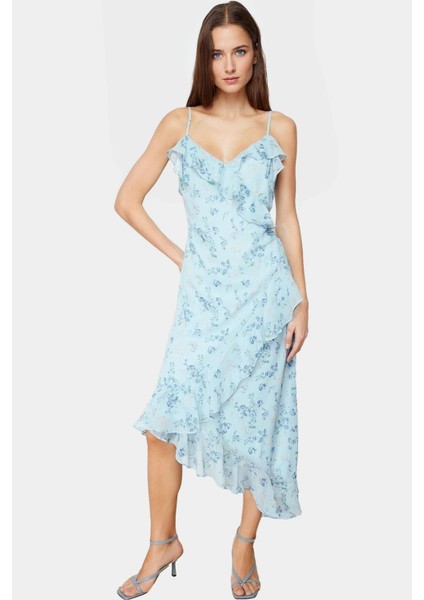 A Line Şifon Maxi Elbise V Yaka Çiçek Desenli Astarlı Yazlık Özel Tasarım Mükemmel Uyum