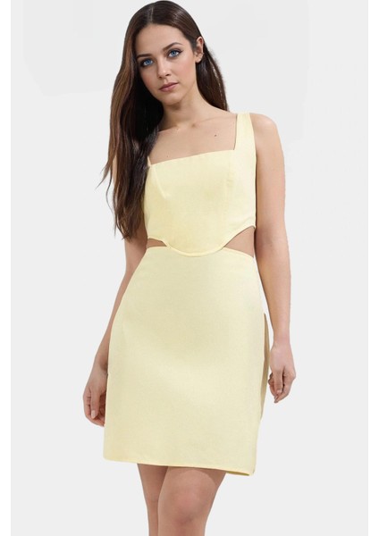 A Line Gabardin Mini Elbise Kolsuz Kare Yaka Cut Out Detay Pamuk Rahat Kullanım