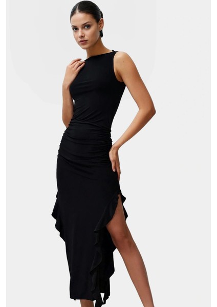 Bodycon Maxi Elbise Esnek Fırfırlı Kayık Yaka Yazlık Seçkin Malzeme Trend Tasarım
