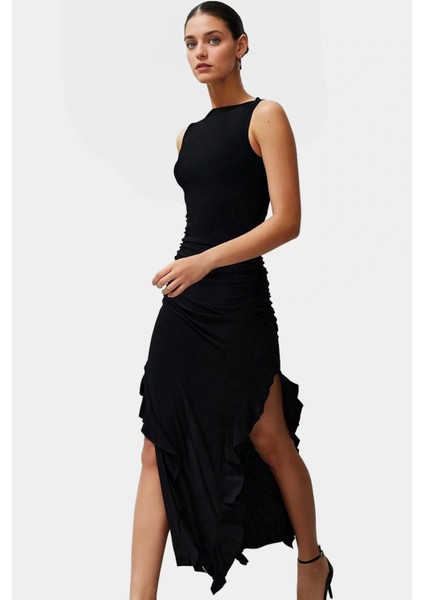 Bodycon Maxi Elbise Esnek Fırfırlı Kayık Yaka Yazlık Seçkin Malzeme Trend Tasarım modelleri