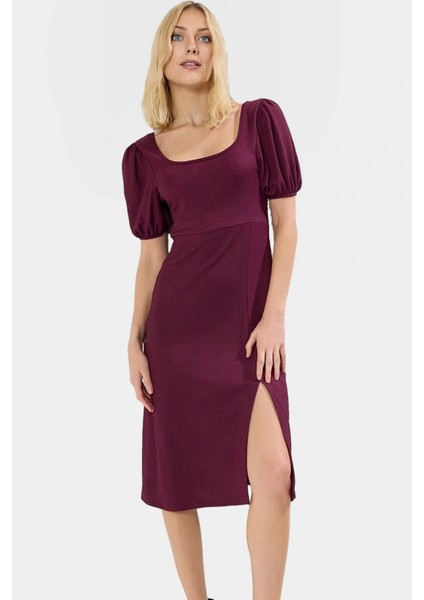 Rahat ve Şık Polyester Elbise Midi Boy Yırtmaç Detay Balon Kol Konforlu Kesim Premium Kalite