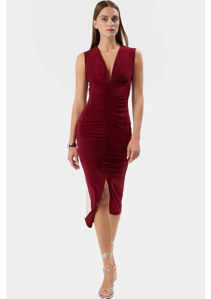 Midi Boy V Yaka Büzgü Detaylı Elbise Esnek Örme Kumaş Bodycon Kalıp 120 cm Uzunluk Premium Kalite fiyatları