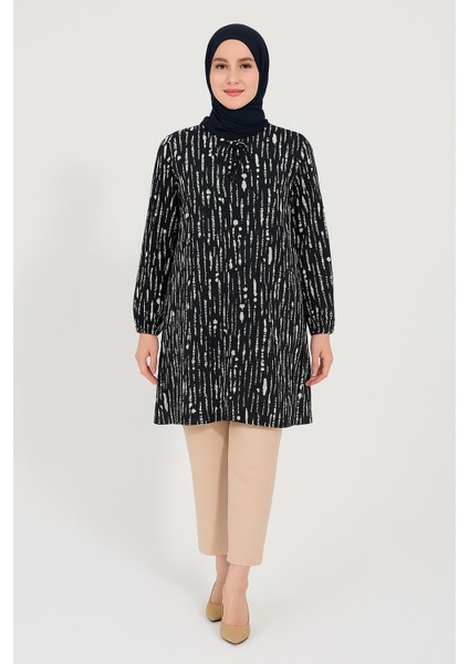 Kadın Cizgi Desenli Dokuma Tunik Siyah Beyaz