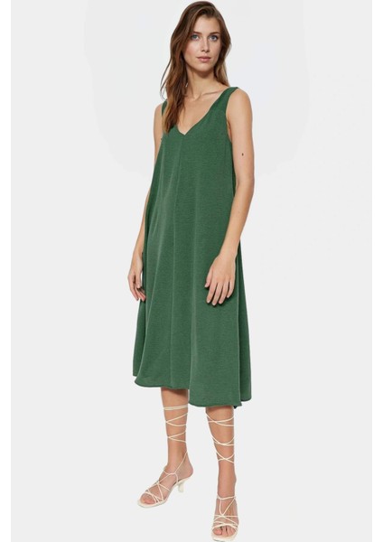 Polyester Aerobin Dokuma Midi Elbise V Yaka Shift Kalıp Modern Stil