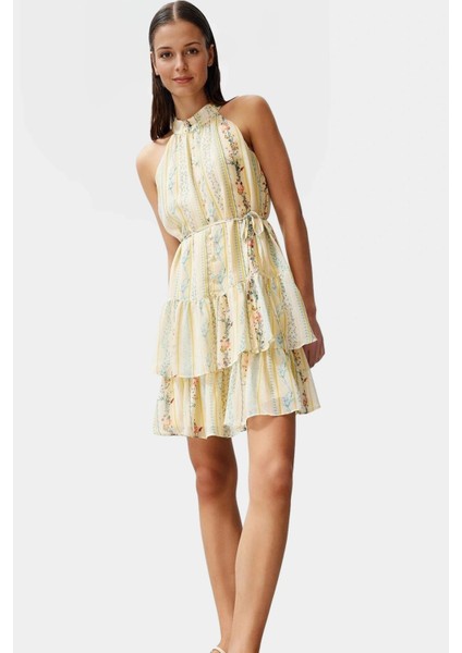 Rahat Mini Elbise Halter Yaka Belden Açılan Etek Dokuma Kumaş Günlük Şık Kaliteli Işçilik