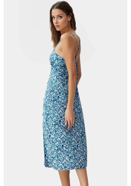 Viskoz Dokuma Çiçekli A Kesim Midi Elbise Profesyonel Görünüm Konforlu Şık