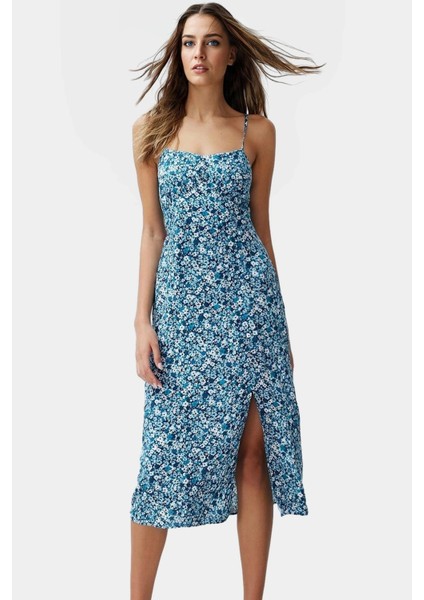 Viskoz Dokuma Çiçekli A Kesim Midi Elbise Profesyonel Görünüm Konforlu Şık fiyatları