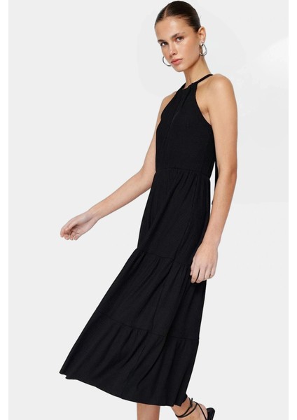 Örme Polyester Maxi Elbise Skater Kalıp Halter Yaka Günlük Stil Rahat ve Şık Konforlu Kesim