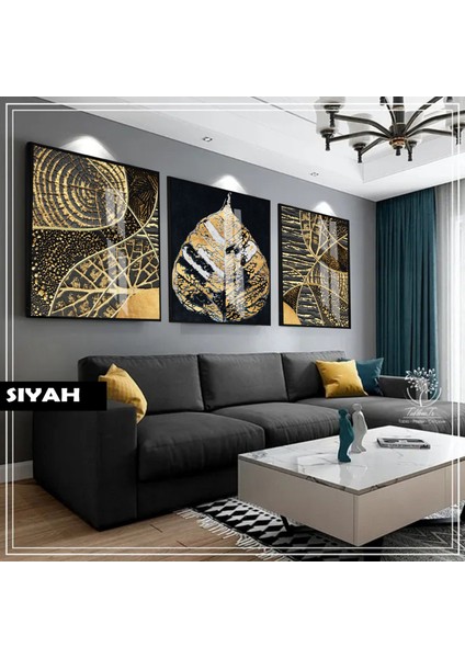 |siyah&gold Set Etnik Desen Yaprak Kombini |çerçeveli Cam Tablo 3lü Dikey