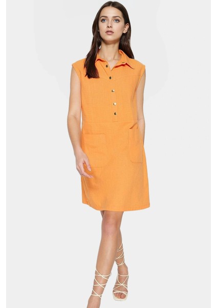 Pamuklu Dokuma Mini Elbise Gömlek Yaka Shift Kalıp Yazlık Profesyonel Görünüm Trend Tasarım