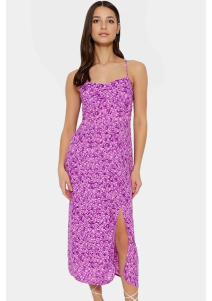 Viskoz Dokuma Çiçekli A Kesim Midi Elbise Profesyonel Görünüm Konforlu Şık