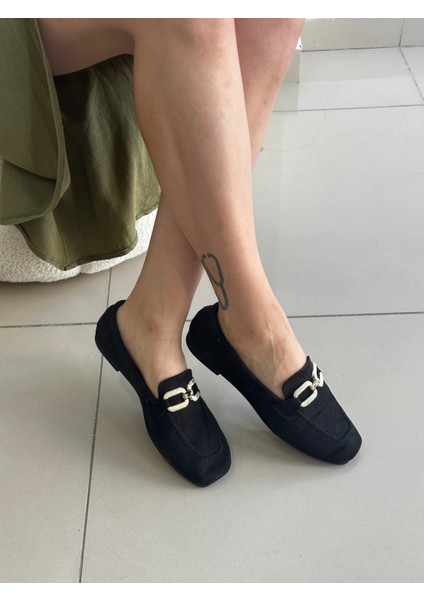 Siyah Süet Görünümlü Zincir Tokalı Loafer modelleri