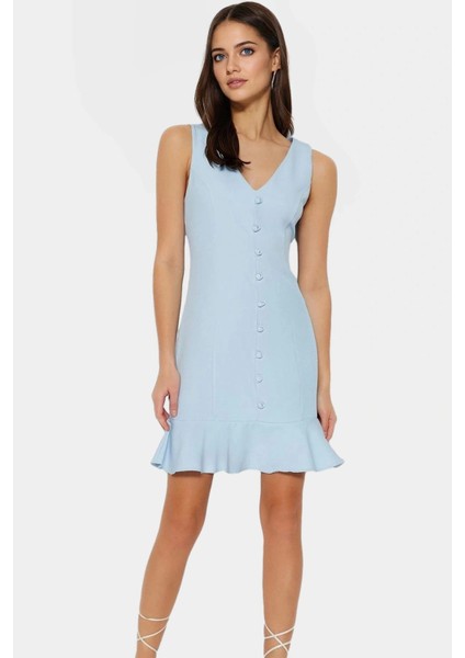 Rahat ve Şık Polyester Mini Elbise A Line V Yaka Düğmeli Detay Iş Günlük Mükemmel Uyum