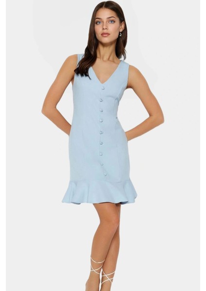 Rahat ve Şık Polyester Mini Elbise A Line V Yaka Düğmeli Detay Iş Günlük Mükemmel Uyum fiyatları