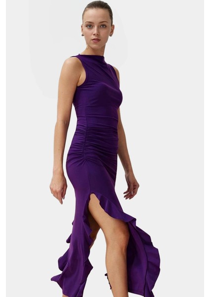 Bodycon Maxi Elbise Esnek Fırfırlı Kayık Yaka Yazlık Seçkin Malzeme Trend Tasarım