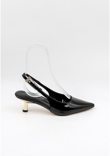 Kadın Sivri Burun Düz Desensiz Ince Arkası Açık Rugan Ayakkabı PM439 Siyah Rugan