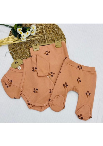 Baskılı Çıtçıtlı Badi, Alt ve Müslin Battaniyeli Yenidoğan Bebek 3lü Set