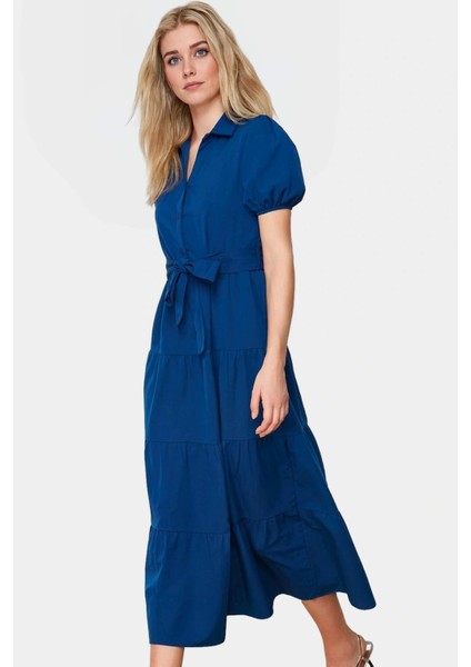 Rahat ve Şık Terrycotton Maxi Elbise Skater Kalıp Gömlek Yaka Günlük Kullanım Için Modern Stil