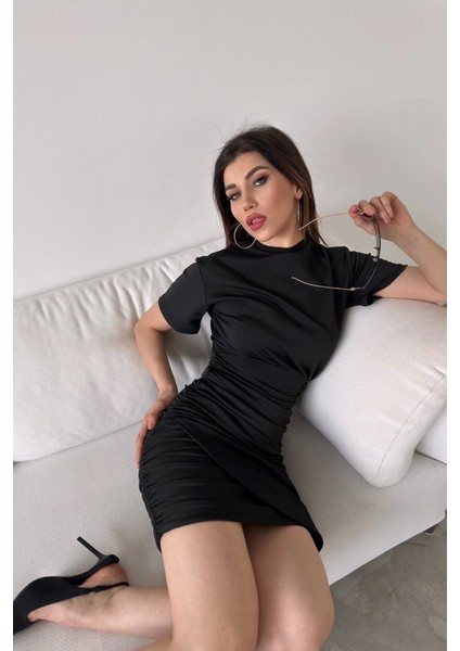 Bisiklet Yaka Drapeli Mini Dalgıç Elbise