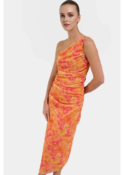 Tek Omuzlu Midi Elbise Vücuda Oturan Aksesuarlı Tül Örme Kumaş Dayanıklı Malzeme