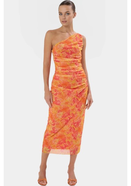 Tek Omuzlu Midi Elbise Vücuda Oturan Aksesuarlı Tül Örme Kumaş Dayanıklı Malzeme fiyatları