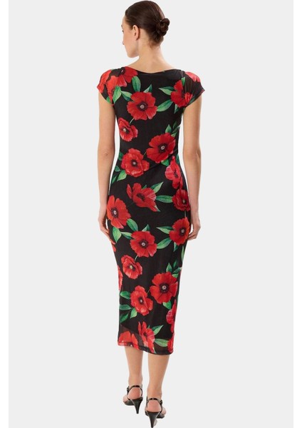 Puantiyeli Desenli Bodycon Kalıp Midi Boy Astarlı Elbise Trend Tasarım Özenle Seçilmiş