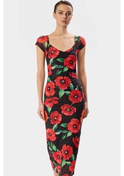 Puantiyeli Desenli Bodycon Kalıp Midi Boy Astarlı Elbise Trend Tasarım Özenle Seçilmiş