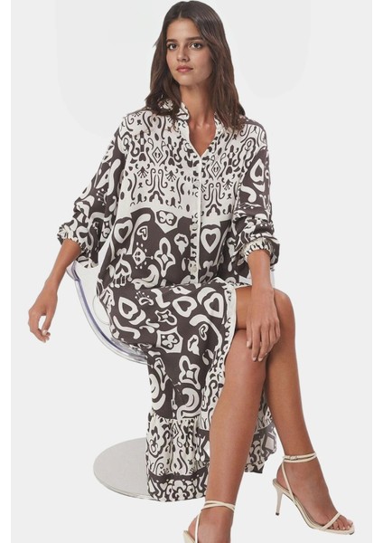 Polyester Shally Dokuma Elbise Midi Boy Truvakar Kol Geniş Kesim Modern Stil Seçkin Malzeme