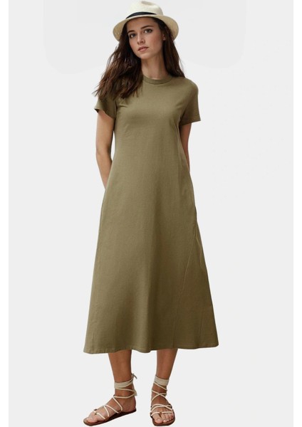 Cep Detaylı Pamuklu Örme Midi Elbise Bisiklet Yaka Rahat Kalıp Özel Tasarım Zarifane