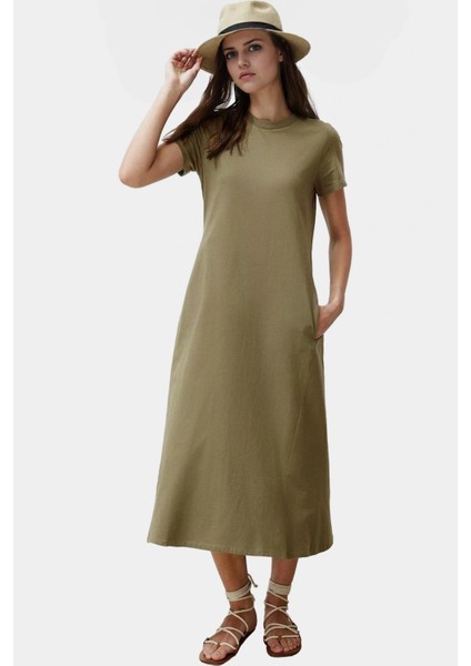 Cep Detaylı Pamuklu Örme Midi Elbise Bisiklet Yaka Rahat Kalıp Özel Tasarım Zarifane fiyatları