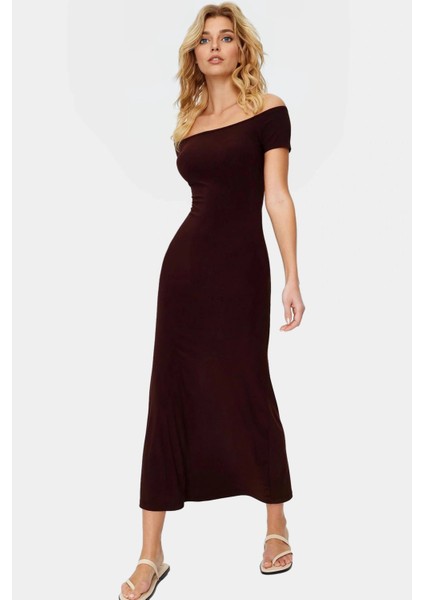 Bodycon Maxi Elbise Carmen Yaka Kısa Kollu Örme Kumaş Yazlık Rahat ve Şık