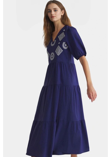 Pamuklu Maxi Elbise Kısa Balon Kol Nakış Detaylı Rahat Kalıp Kullanım Uzun Ömürlü