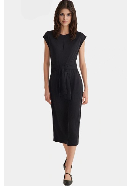 Rahat Modal Pike Örme Elbise Bisiklet Yaka Kuşak Detayı Günlük Stil Midi Boy Şık Görünüm modelleri