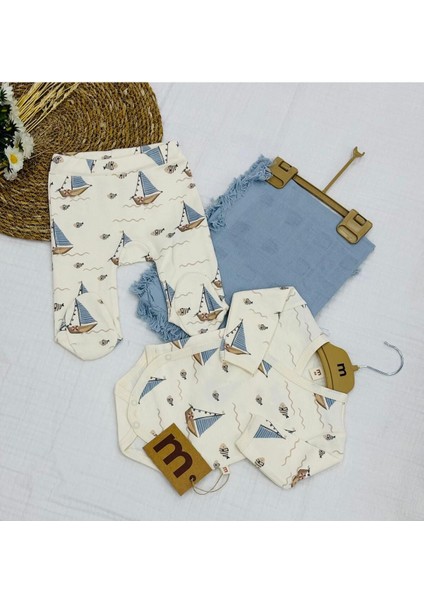 Baskılı Çıtçıtlı Badi, Alt ve Müslin Battaniyeli Yenidoğan Bebek 3lü Set