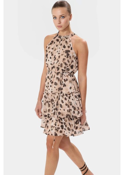 Rahat Mini Elbise Halter Yaka Belden Açılan Etek Dokuma Kumaş Günlük Şık Kaliteli Işçilik