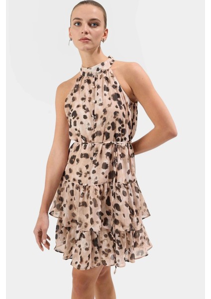 Rahat Mini Elbise Halter Yaka Belden Açılan Etek Dokuma Kumaş Günlük Şık Kaliteli Işçilik fiyatları